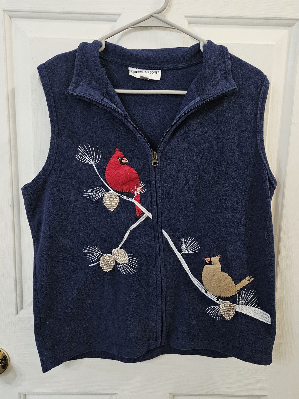Rebecca Malone Cardinal Birds Fleece Vest Womans Sz Small Blue Christmas Holiday